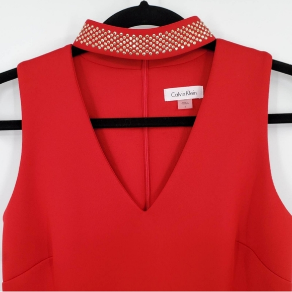 CALVIN KLEIN Red Choker V-neck Cutout Scuba Dress - Picture 5 of 10